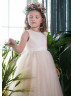 Ivory Satin Glitter Tulle V Back Flower Girl Dress